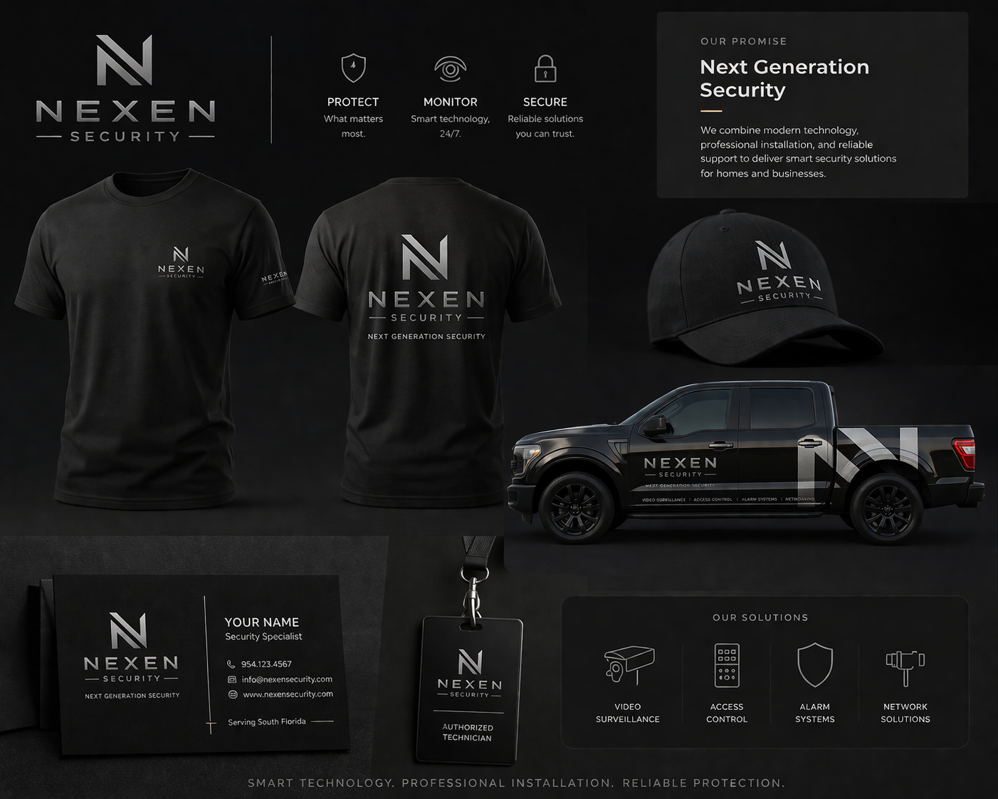 Nexen Security shirts, vehicle, technician badge, and service icons