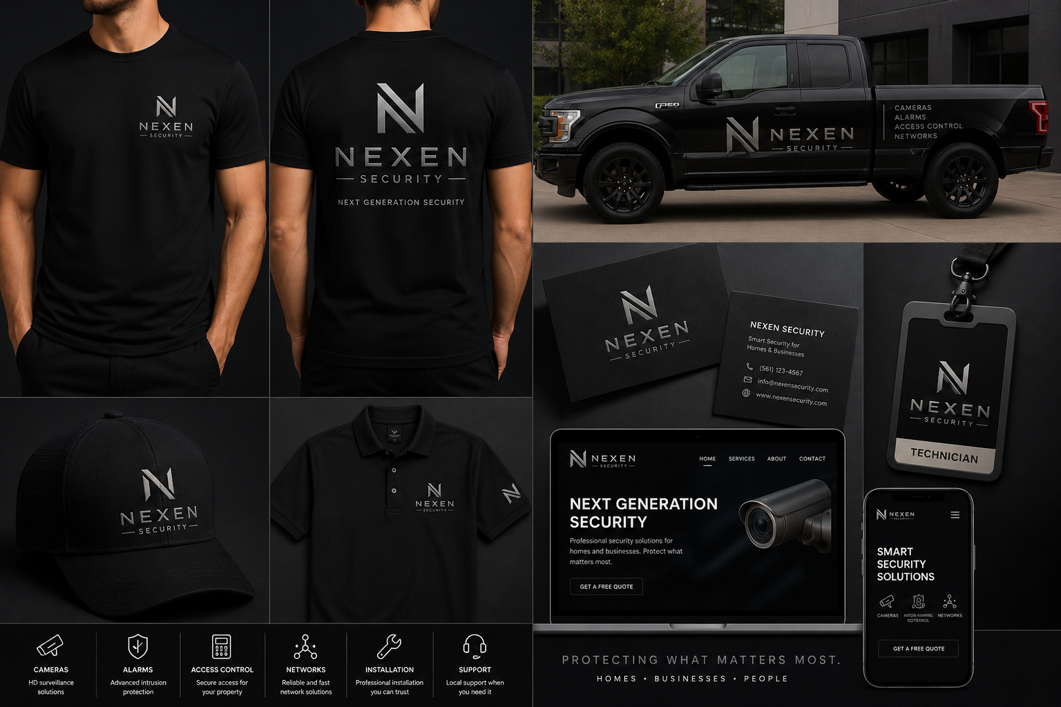 Nexen Security uniforms, vehicle, business cards, and website mockups